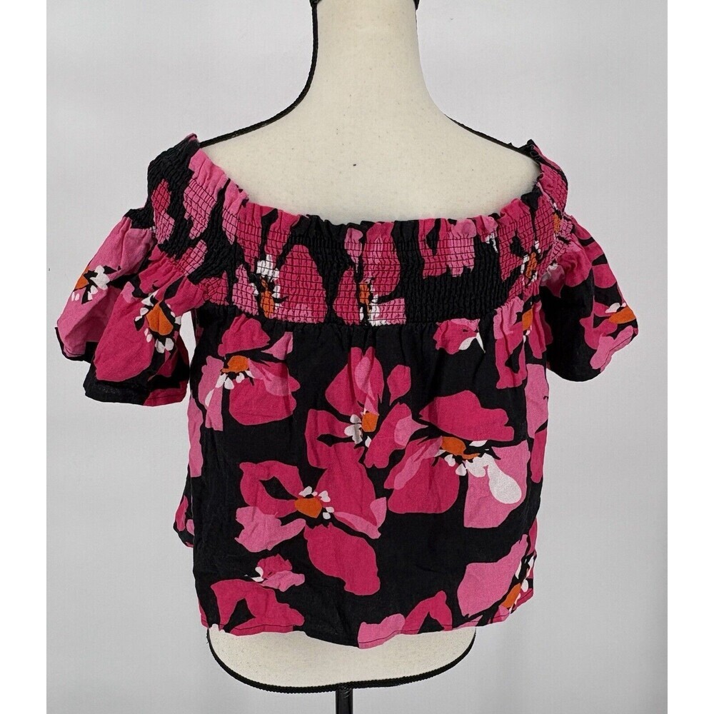 WHO WHAT WEAR Womens Off Shoulder Floral Smocked Crop Top XS Pink Black‎ - Picture 6 of 10